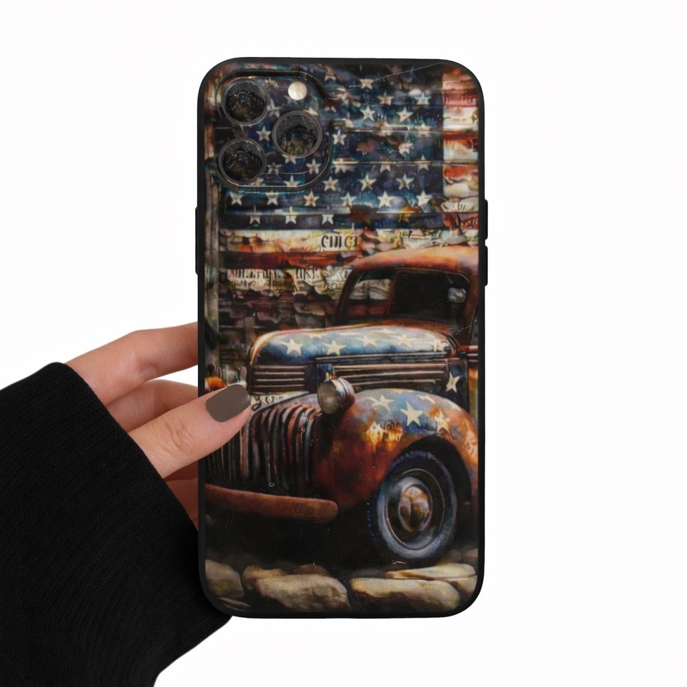 iPhone Phone Case American Flag Vintage Truck Black TPU Shockproof Case